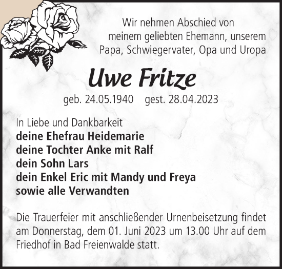 Traueranzeige von Uwe Fritze von Märkische Oderzeitung