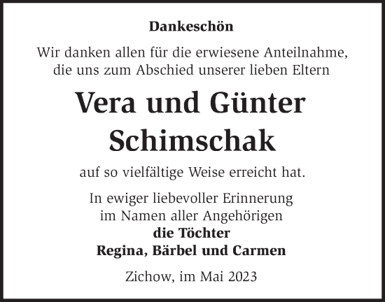 Traueranzeige von Vera und Günter Schimschak von Märkische Oderzeitung