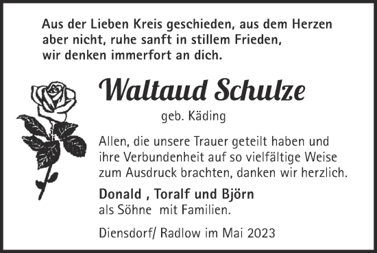 Traueranzeige von Waltand Schulze von Märkische Oderzeitung