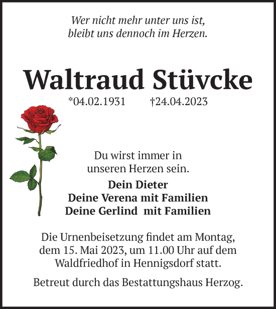 Traueranzeige von Waltraud Stüvcke von Märkische Oderzeitung