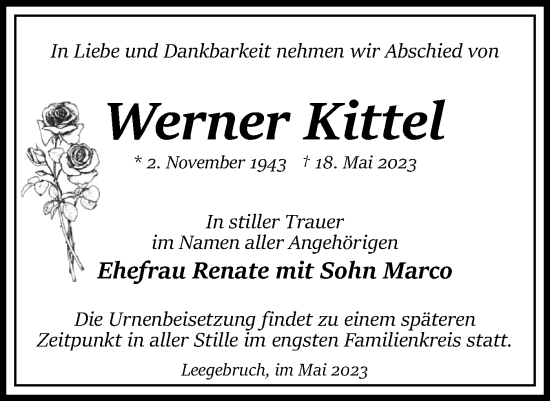 Traueranzeige von Werner Kittel von Märkische Oderzeitung