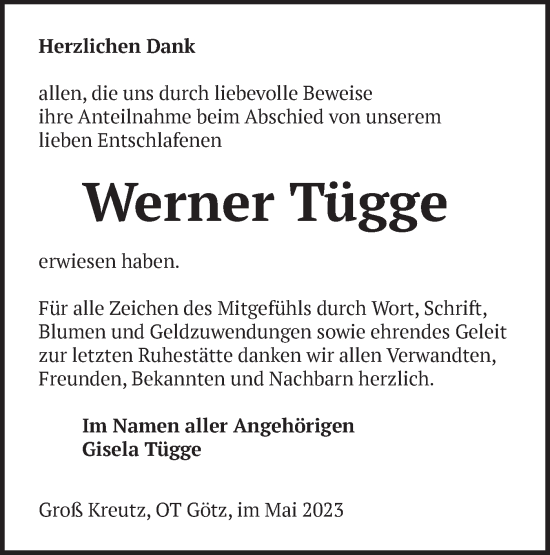 Traueranzeige von Werner Tügge von Märkische Oderzeitung