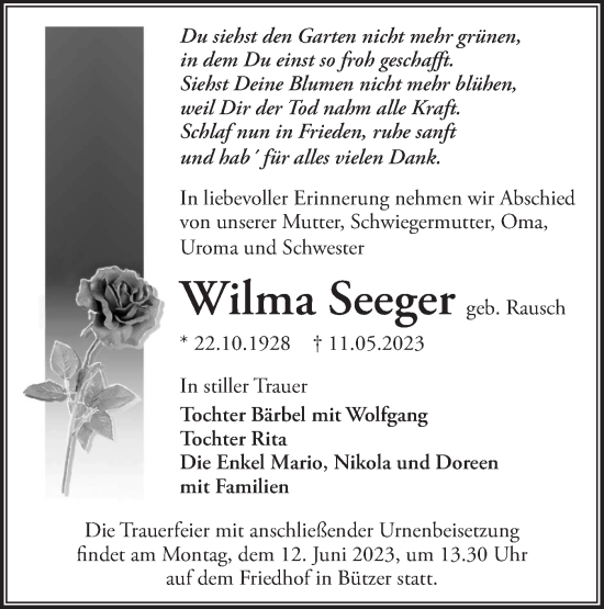 Traueranzeige von Wilma Seeger von Märkische Oderzeitung