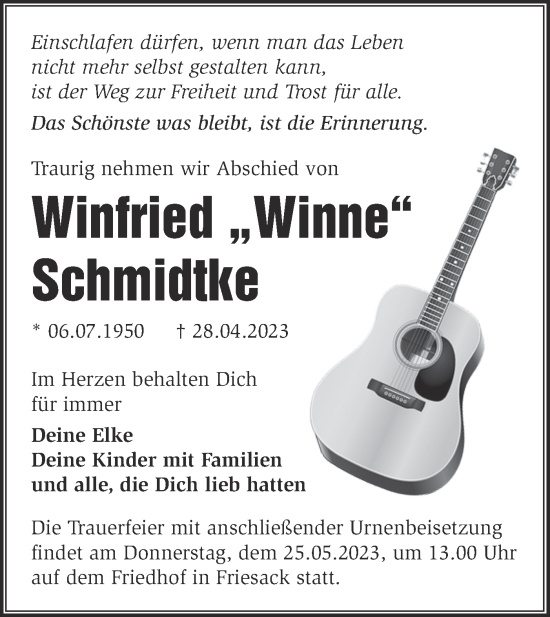 Traueranzeige von Winfried Schmidtke von Märkische Oderzeitung