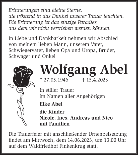 Traueranzeige von Wolfgang Abel von Märkische Oderzeitung