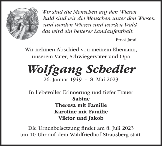 Traueranzeige von Wolfgang Schedler von Märkische Oderzeitung