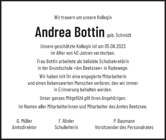 Traueranzeige von Andrea Bottin von Märkische Oderzeitung