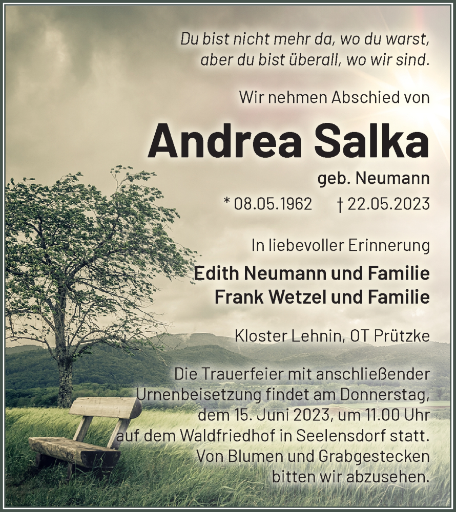  Traueranzeige für Andrea Salka vom 03.06.2023 aus Märkische Oderzeitung