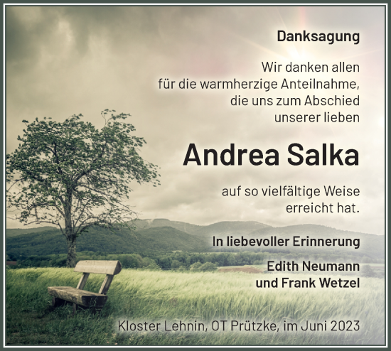 Traueranzeige von Andrea Salka von Märkische Oderzeitung