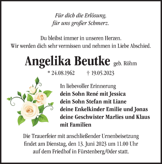 Traueranzeige von Angelika Beutke von Märkische Oderzeitung