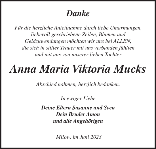 Traueranzeige von Anna Maria Viktoria  Mucks von Märkische Oderzeitung