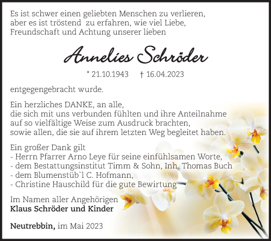 Traueranzeige von Annelies Schröder von Märkische Oderzeitung