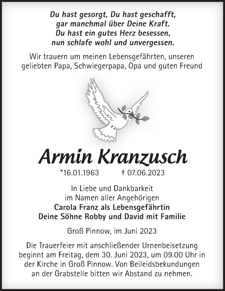  Traueranzeige für Armin Kranzusch vom 10.06.2023 aus Märkische Oderzeitung