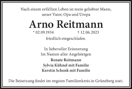 Traueranzeige von Arno Reitmann von Märkische Oderzeitung