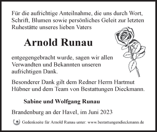 Traueranzeige von Arnold Runau von Märkische Oderzeitung