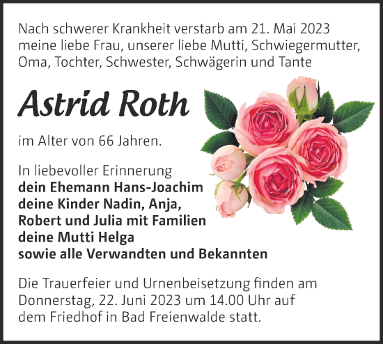 Traueranzeige von Astrid Roth von Märkische Oderzeitung