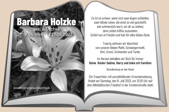 Traueranzeige von Barbara Holzke von Märkische Oderzeitung