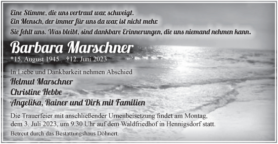 Traueranzeige von Barbara Marschner von Märkische Oderzeitung