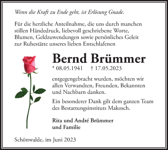 Traueranzeige von Bernd Brümmer von Märkische Oderzeitung