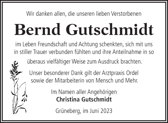 Traueranzeige von Bernd Gutschmidt von Märkische Oderzeitung