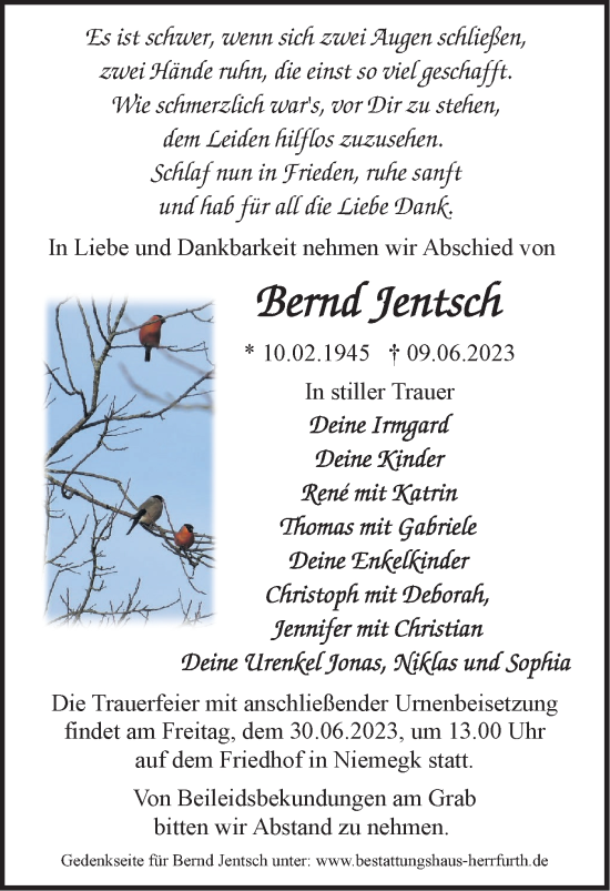 Traueranzeige von Bernd Jentsch von Märkische Oderzeitung