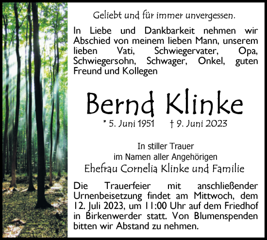 Traueranzeige von Bernd Klinke von Märkische Oderzeitung