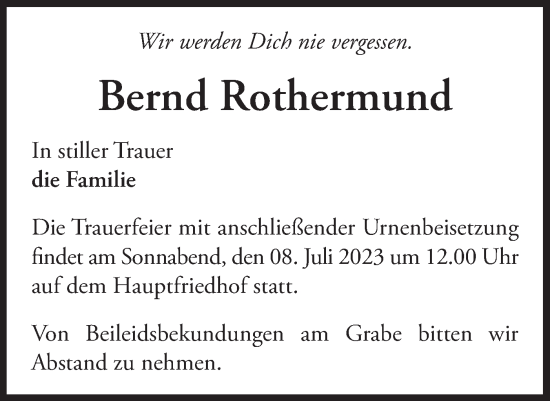Traueranzeige von Bernd Rothermund von Märkische Oderzeitung
