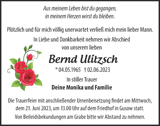 Traueranzeige von Bernd Ulitzsch von Märkische Oderzeitung