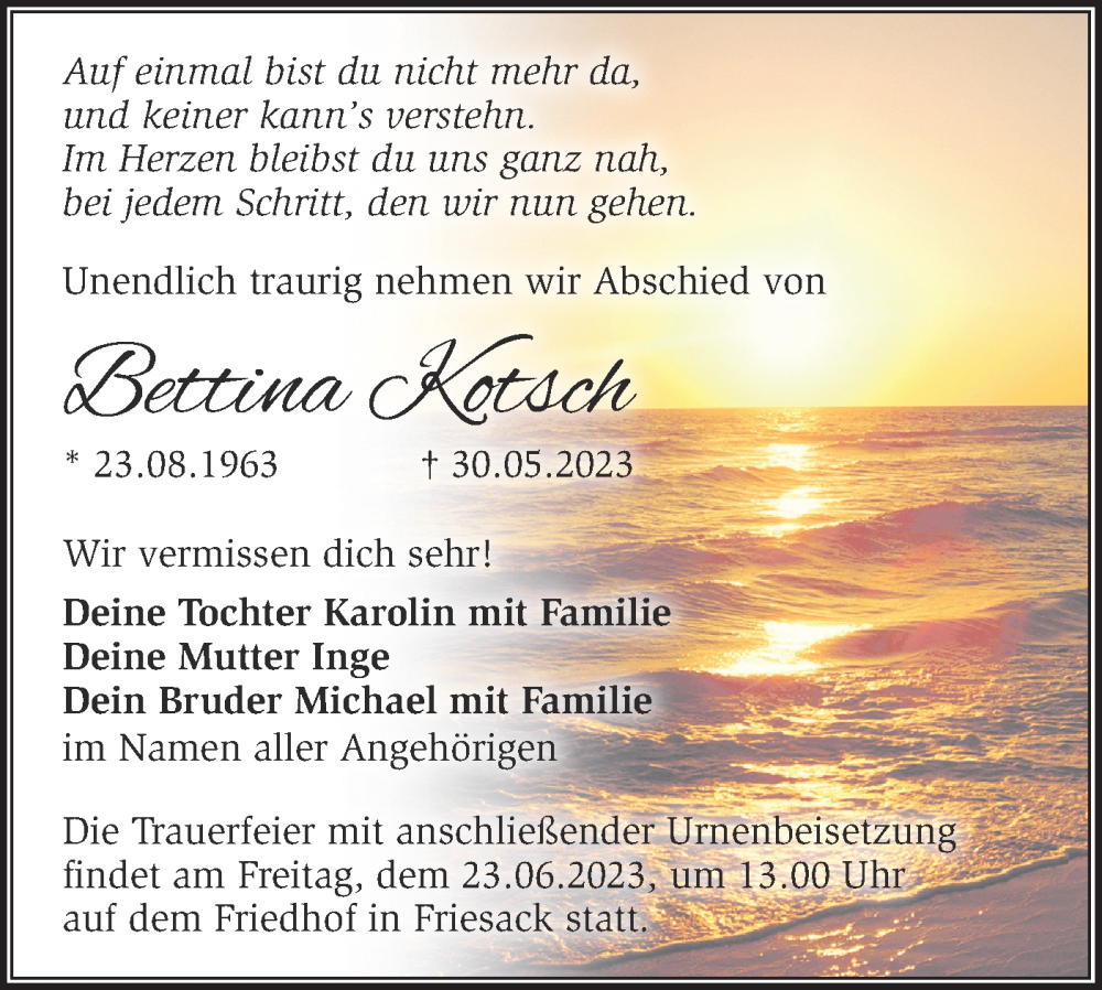  Traueranzeige für Bettina Kotsch vom 17.06.2023 aus Märkische Oderzeitung