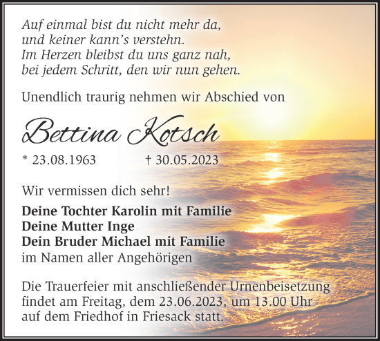 Traueranzeige von Bettina Kotsch von Märkische Oderzeitung