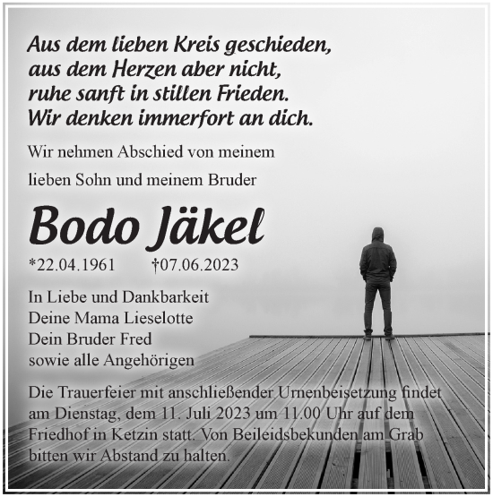 Traueranzeige von Bodo Jäkel von Märkische Oderzeitung