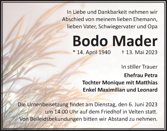 Traueranzeige von Bodo Mader von Märkische Oderzeitung