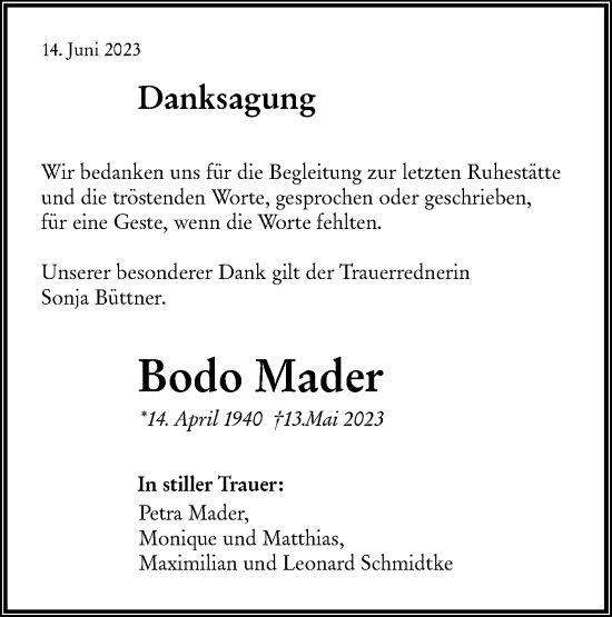 Traueranzeige von Bodo Mader von Märkische Oderzeitung