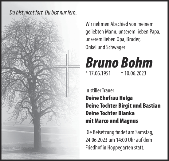 Traueranzeige von Bruno Bohm von Märkische Oderzeitung