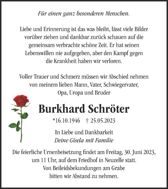 Traueranzeige von Burkhard Schröter von Märkische Oderzeitung