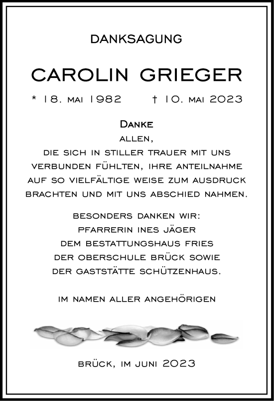 Traueranzeige von Carolin Grieger von Märkische Oderzeitung