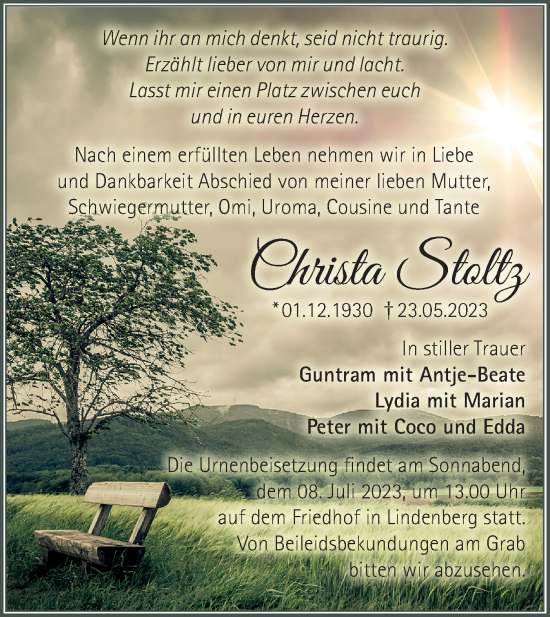 Traueranzeige von Christa Stoltz von Märkische Oderzeitung