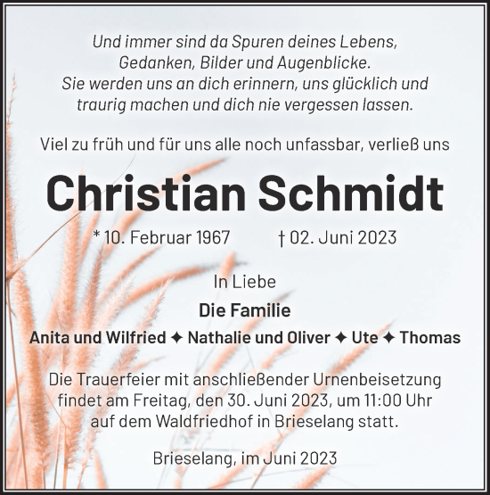 Traueranzeige von Christian Schmidt von Märkische Oderzeitung