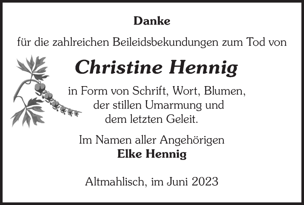  Traueranzeige für Christine Hennig vom 17.06.2023 aus Märkische Oderzeitung