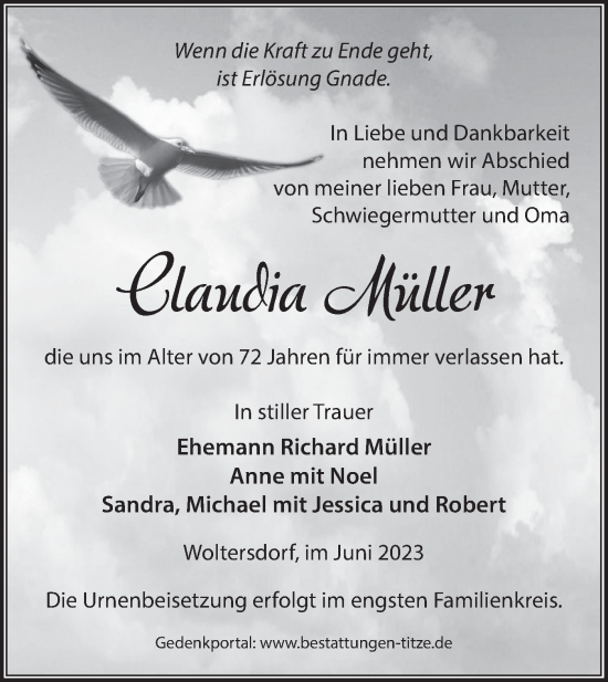 Traueranzeige von Claudia Müller von Märkische Oderzeitung