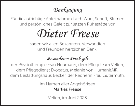 Traueranzeige von Dieter Freese von Märkische Oderzeitung