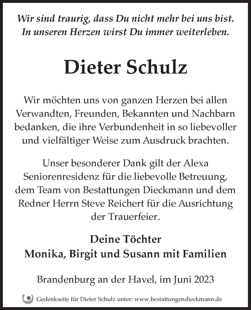  Traueranzeige für Dieter Schulz vom 24.06.2023 aus Märkische Oderzeitung