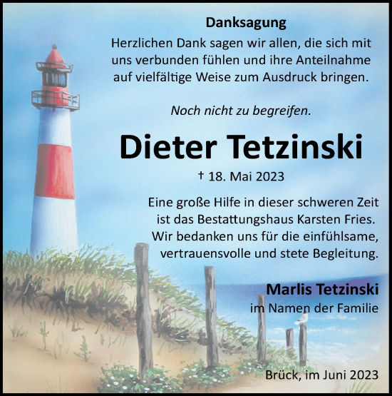 Traueranzeige von Dieter Tetzinski von Märkische Oderzeitung