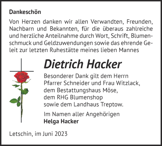 Traueranzeige von Dietrich Hacker von Märkische Oderzeitung