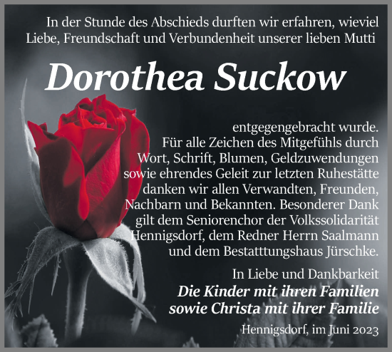 Traueranzeige von Dorothea Suckow von Märkische Oderzeitung