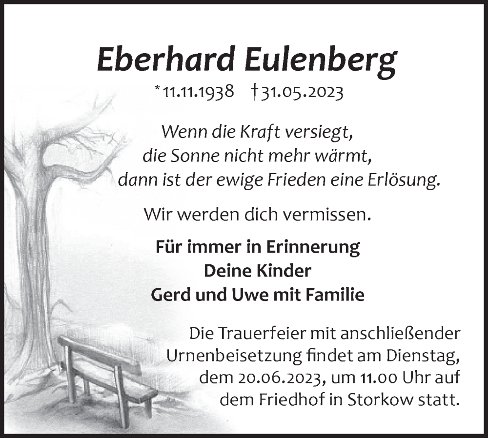 Traueranzeige für Eberhard Eulenberg vom 03.06.2023 aus Märkische Oderzeitung