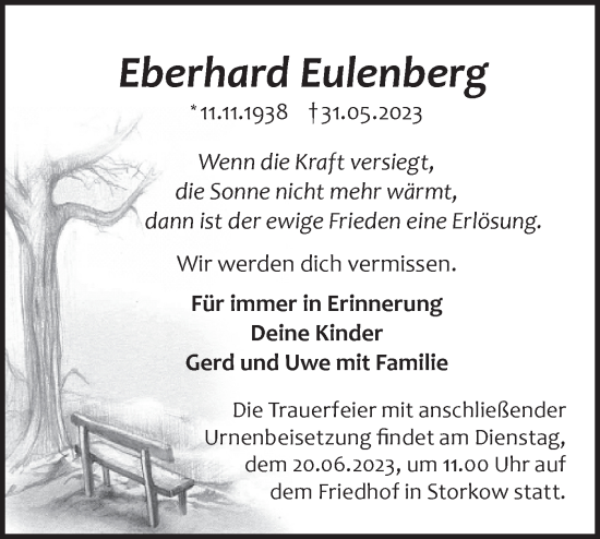 Traueranzeige von Eberhard Eulenberg von Märkische Oderzeitung