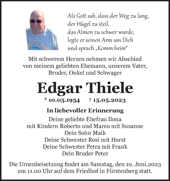 Traueranzeige von Edgar Thiele von Märkische Oderzeitung