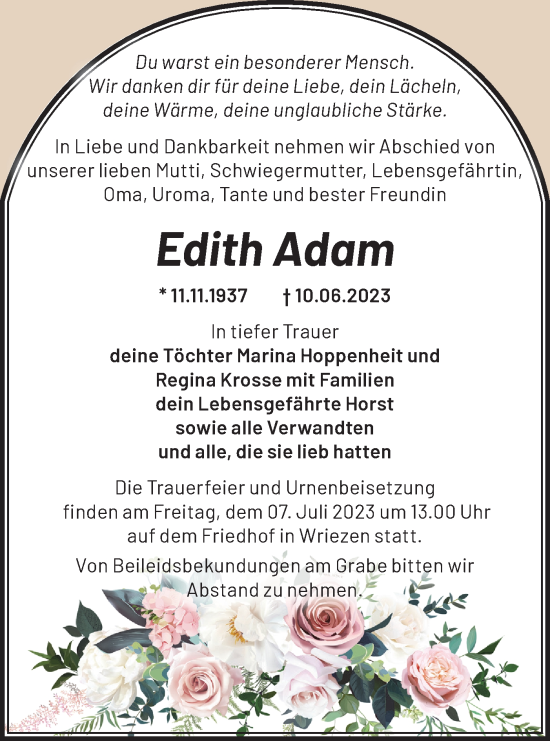 Traueranzeige von Edith Adam von Märkische Oderzeitung