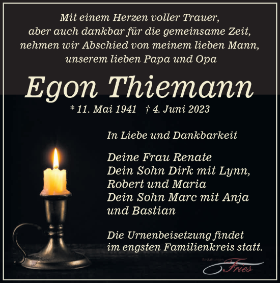 Traueranzeige von Egon Thiemann von Märkische Oderzeitung